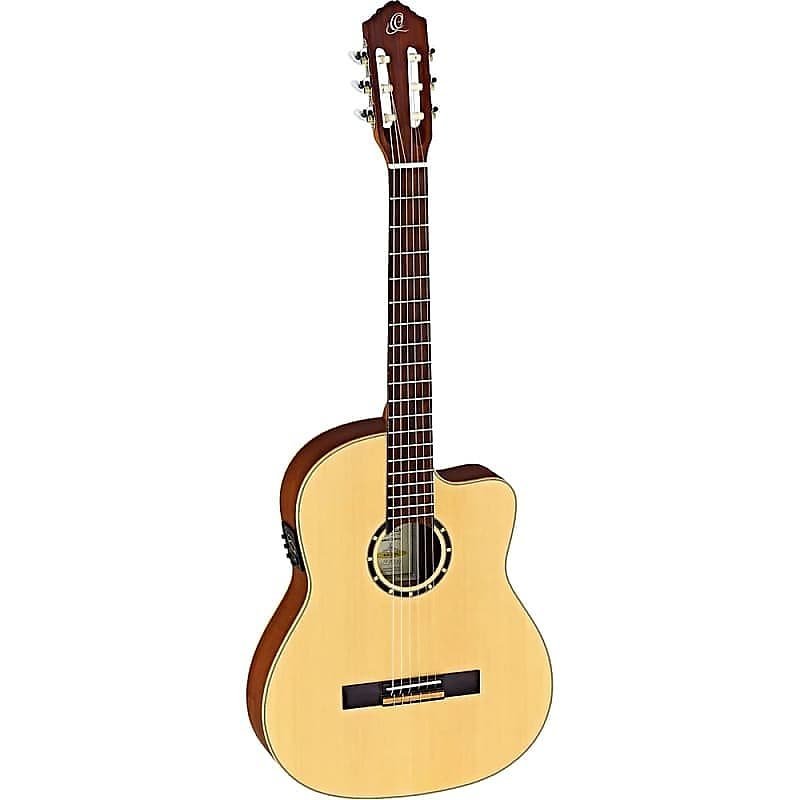Guitarra de cuerdas de nailon Ortega Guitars RCE125SN Family Series con mástil delgado y cuerpo Thinline y funda de transporte